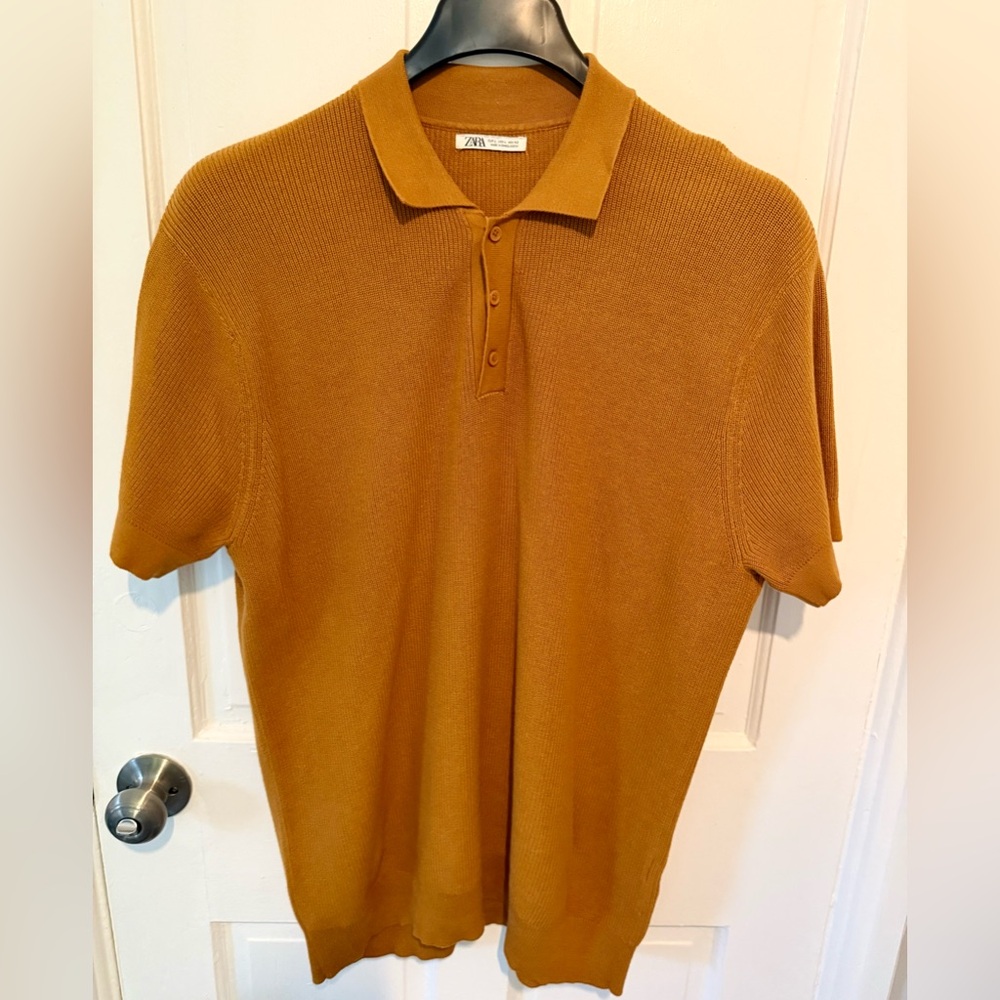 Zara Men's Polo Ribbed Shirt in Rich Mustard